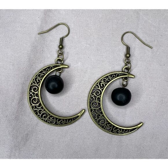 Handmade Bronze Dangly Moon Earrings With Vintage Black Buttons - Picture 1 of 3